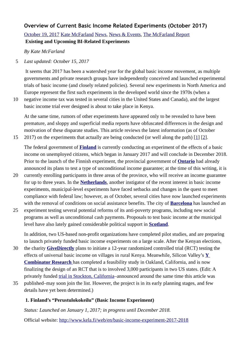 Overview of Current Basic Income Related Experiments