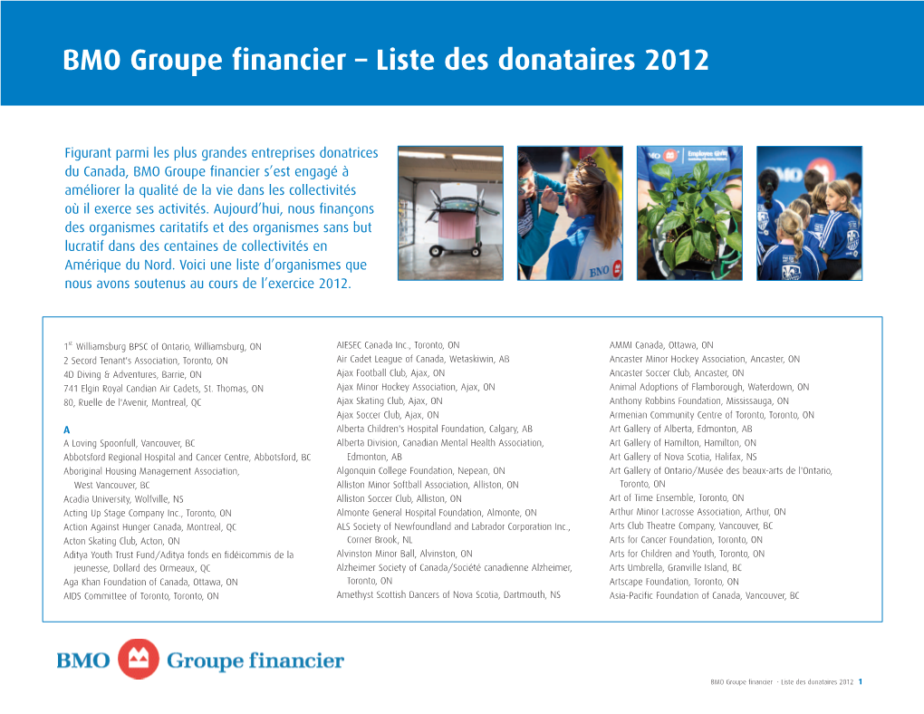 BMO Groupe Financier – Liste Des Donataires 2012