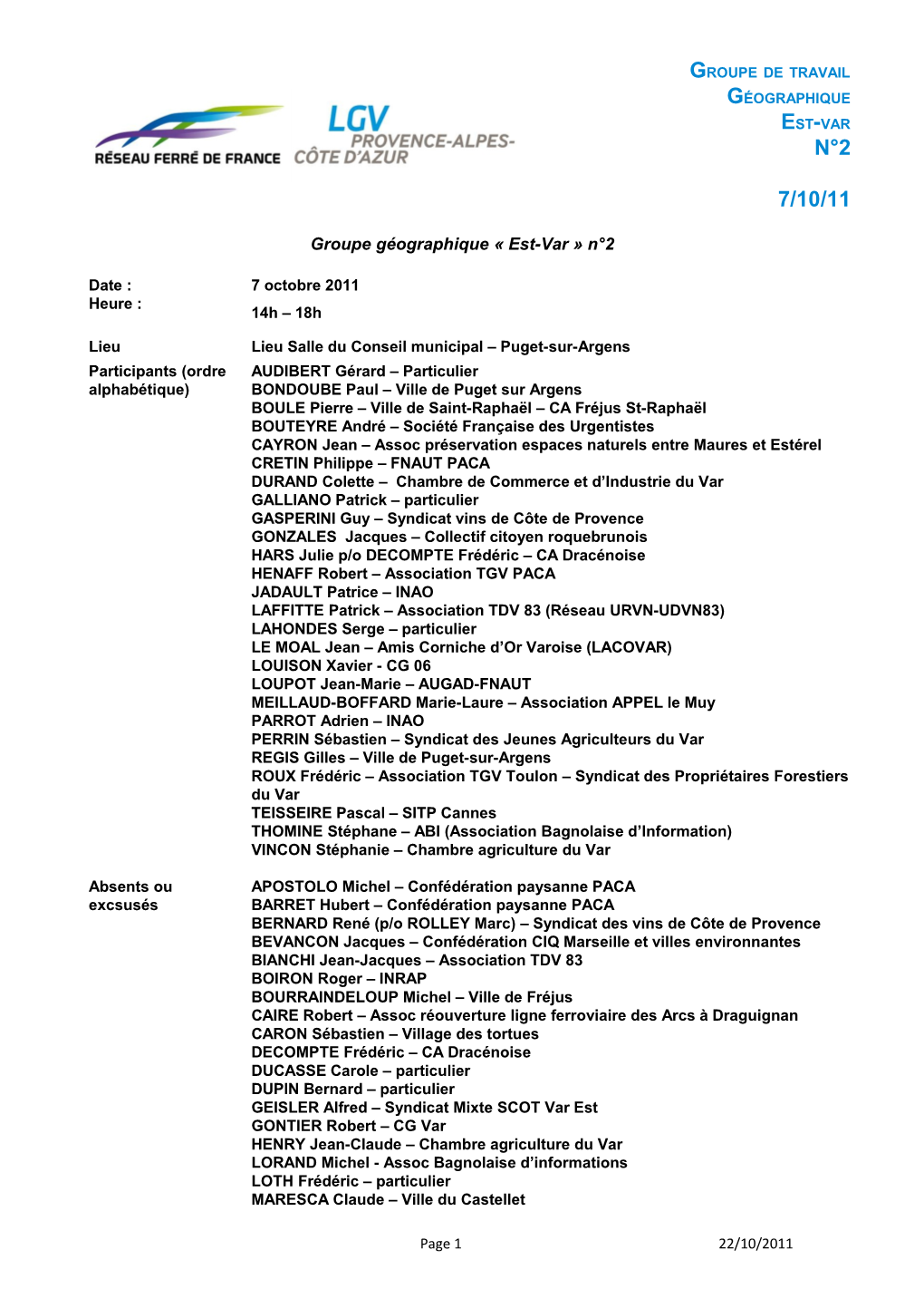 Téléchargez Le Compte-Rendu Du Groupe De Travail Est-Var Du 07/10/11