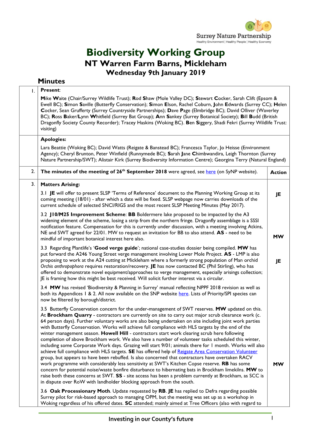 Biodiversity Working Group NT Warren Farm Barns, Mickleham Wednesday 9Th January 2019 Minutes 1