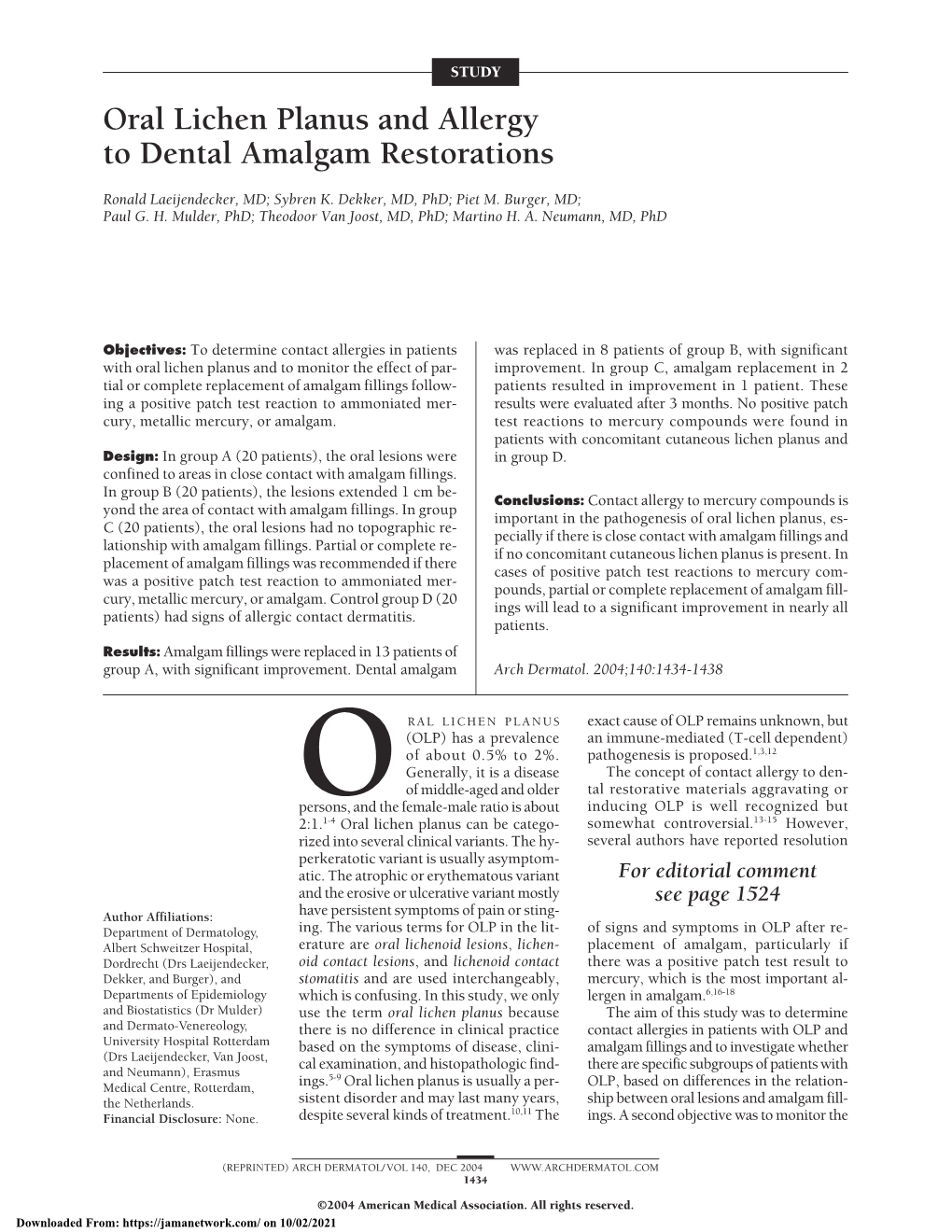 Oral Lichen Planus and Allergy to Dental Amalgam Restorations