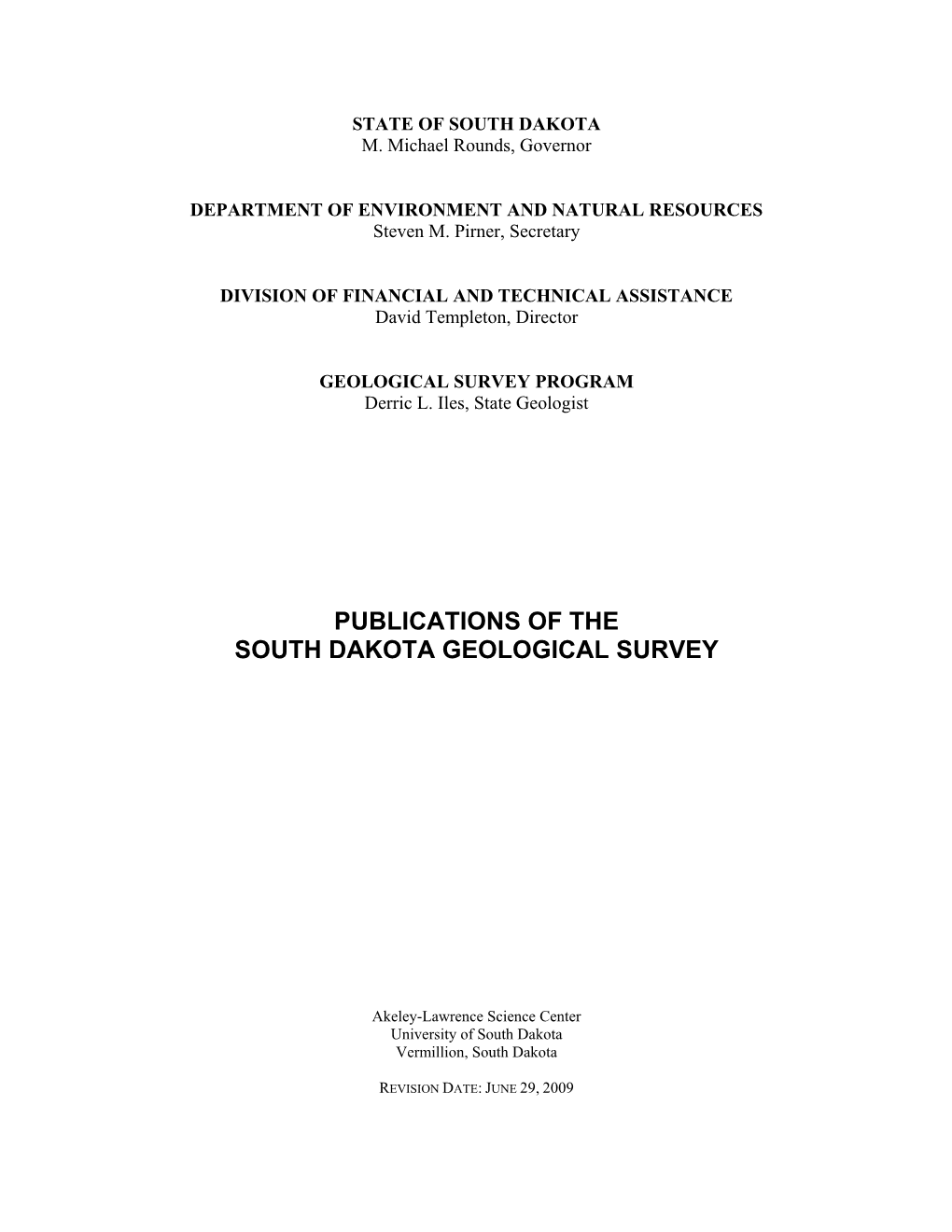 Publications of the South Dakota Geological Survey