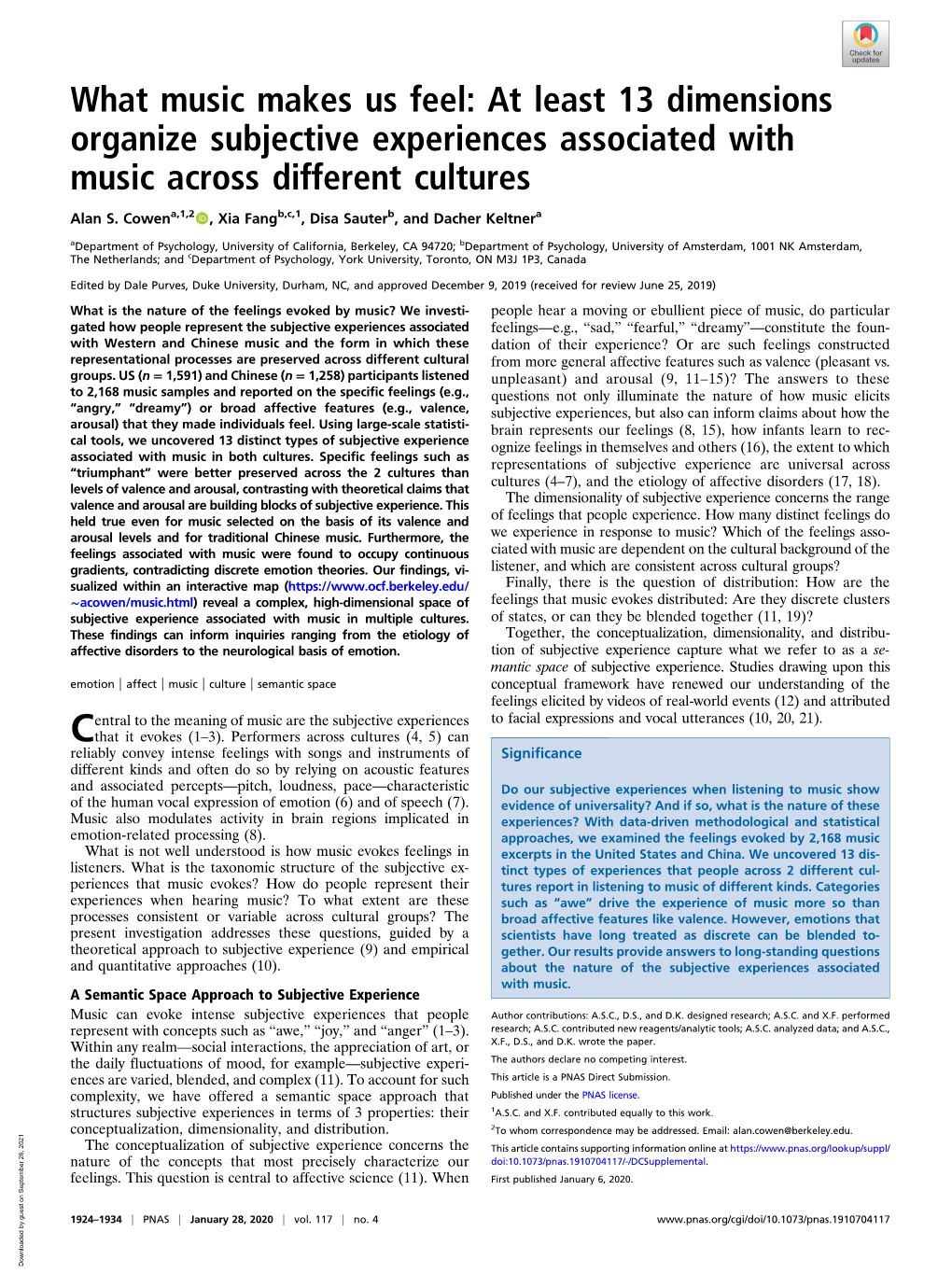 At Least 13 Dimensions Organize Subjective Experiences Associated with Music Across Different Cultures