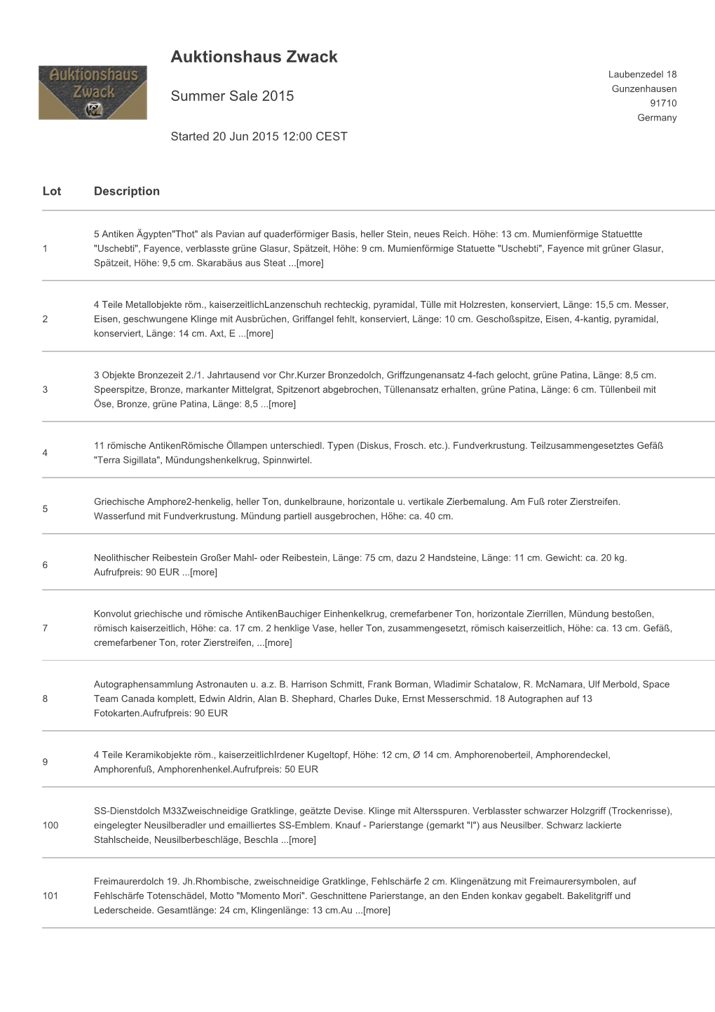 Auktionshaus Zwack Laubenzedel 18 Gunzenhausen Summer Sale 2015 91710 Germany Started 20 Jun 2015 12:00 CEST