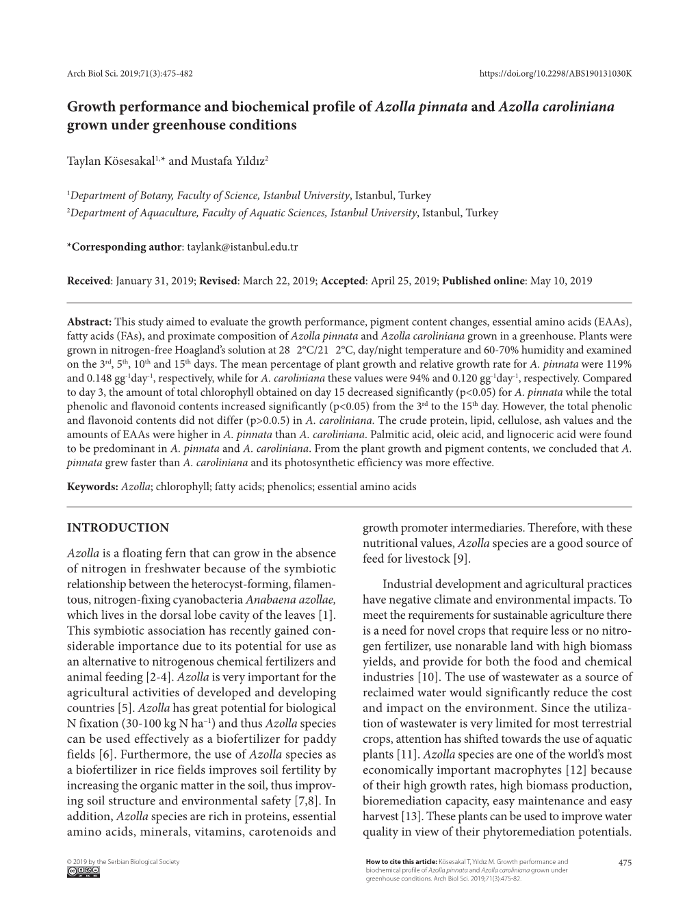 Growth Performance and Biochemical Profile of Azolla Pinnata and Azolla Caroliniana Grown Under Greenhouse Conditions