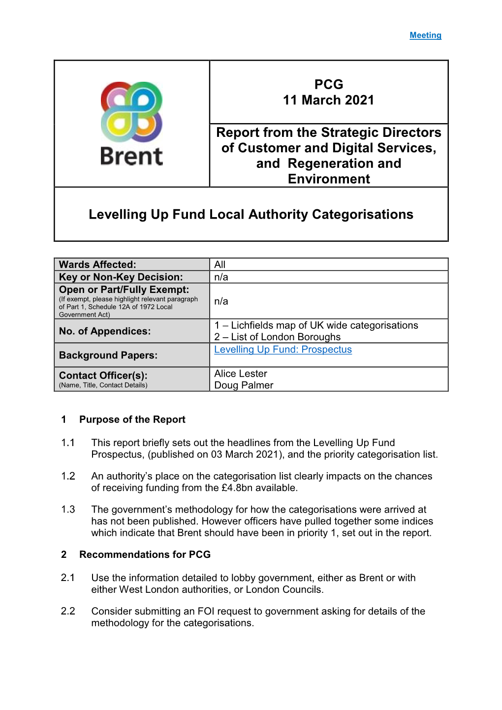 PCG Fund Levelling up Categorisations