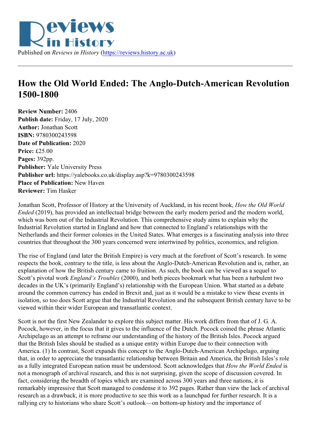 The Anglo-Dutch-American Revolution 1500-1800