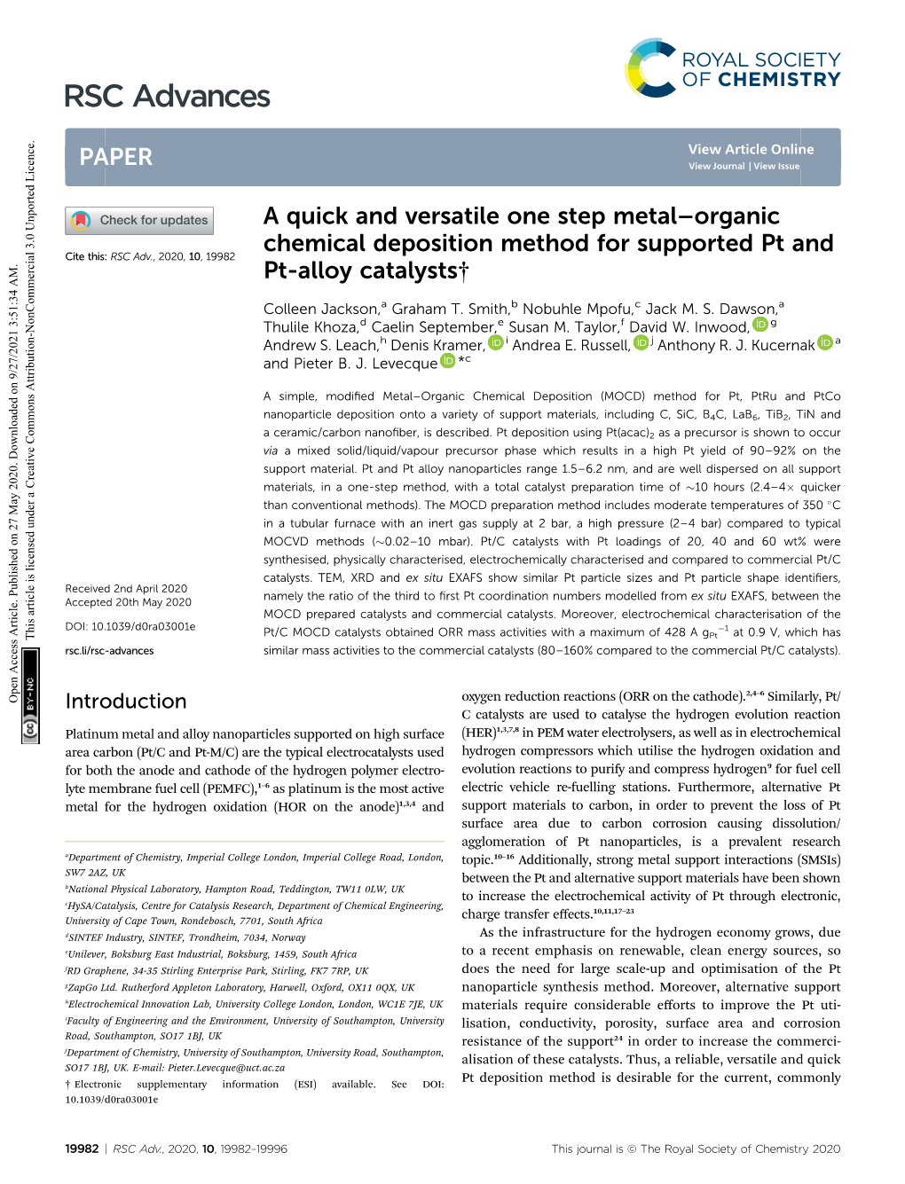 A Quick and Versatile One Step Metal–Organic Chemical Deposition Method for Supported Pt and Cite This: RSC Adv., 2020, 10, 19982 Pt-Alloy Catalysts†