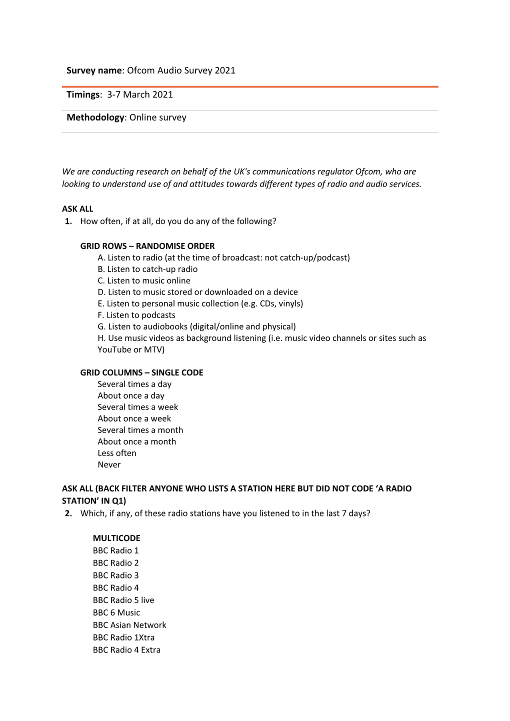 Ofcom Audio Survey 2021: Questionnaire