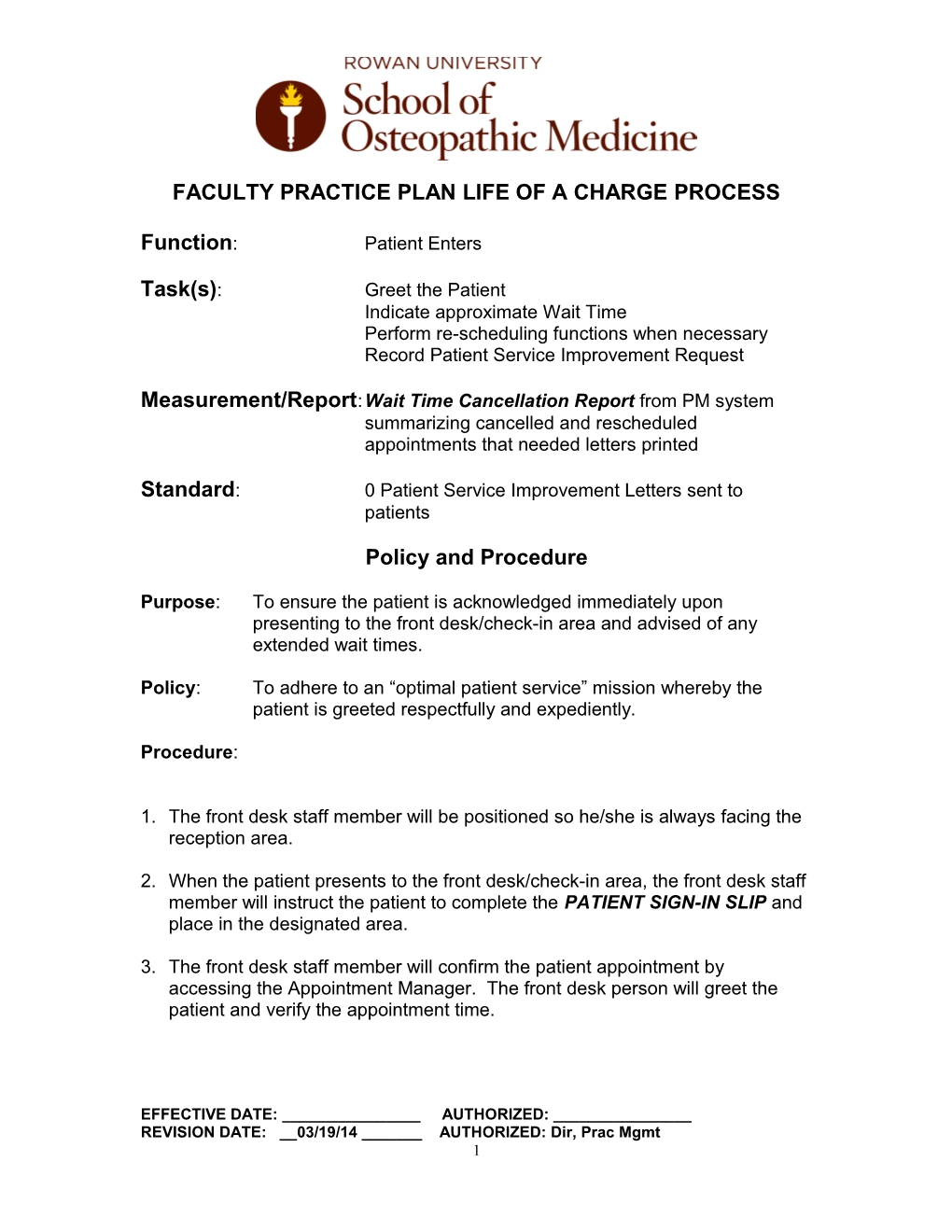 Faculty Practice Plan Life of a Charge Process