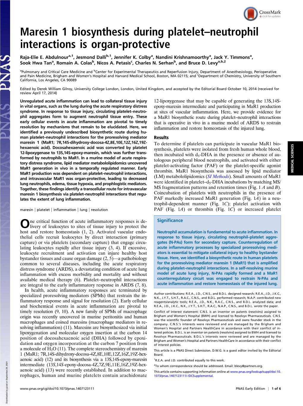 Maresin 1 Biosynthesis During Platelet–Neutrophil Interactions Is Organ-Protective