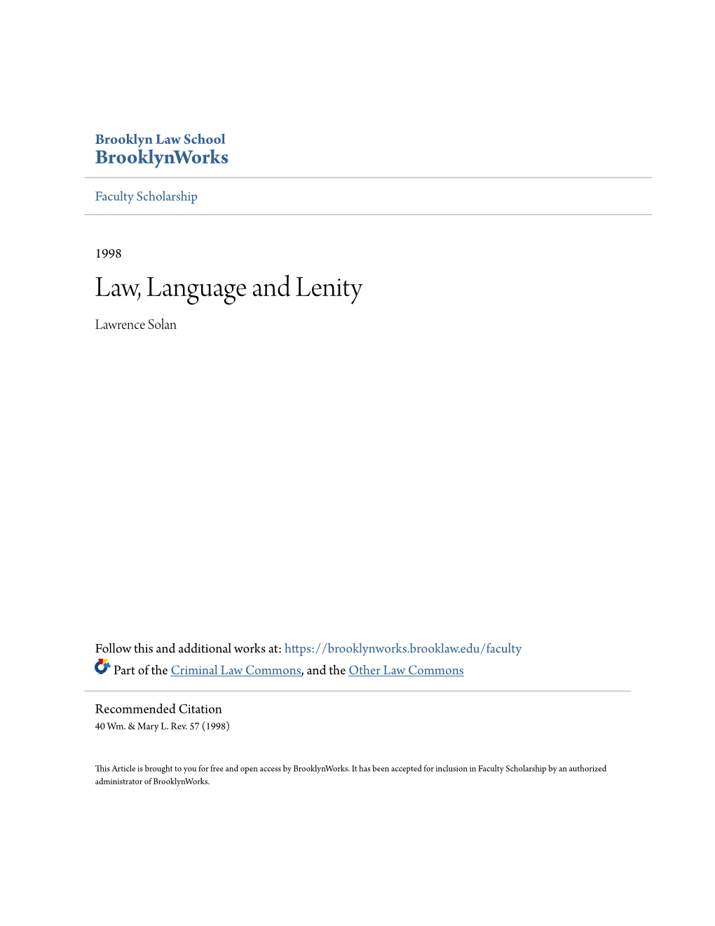 Law, Language and Lenity Lawrence Solan