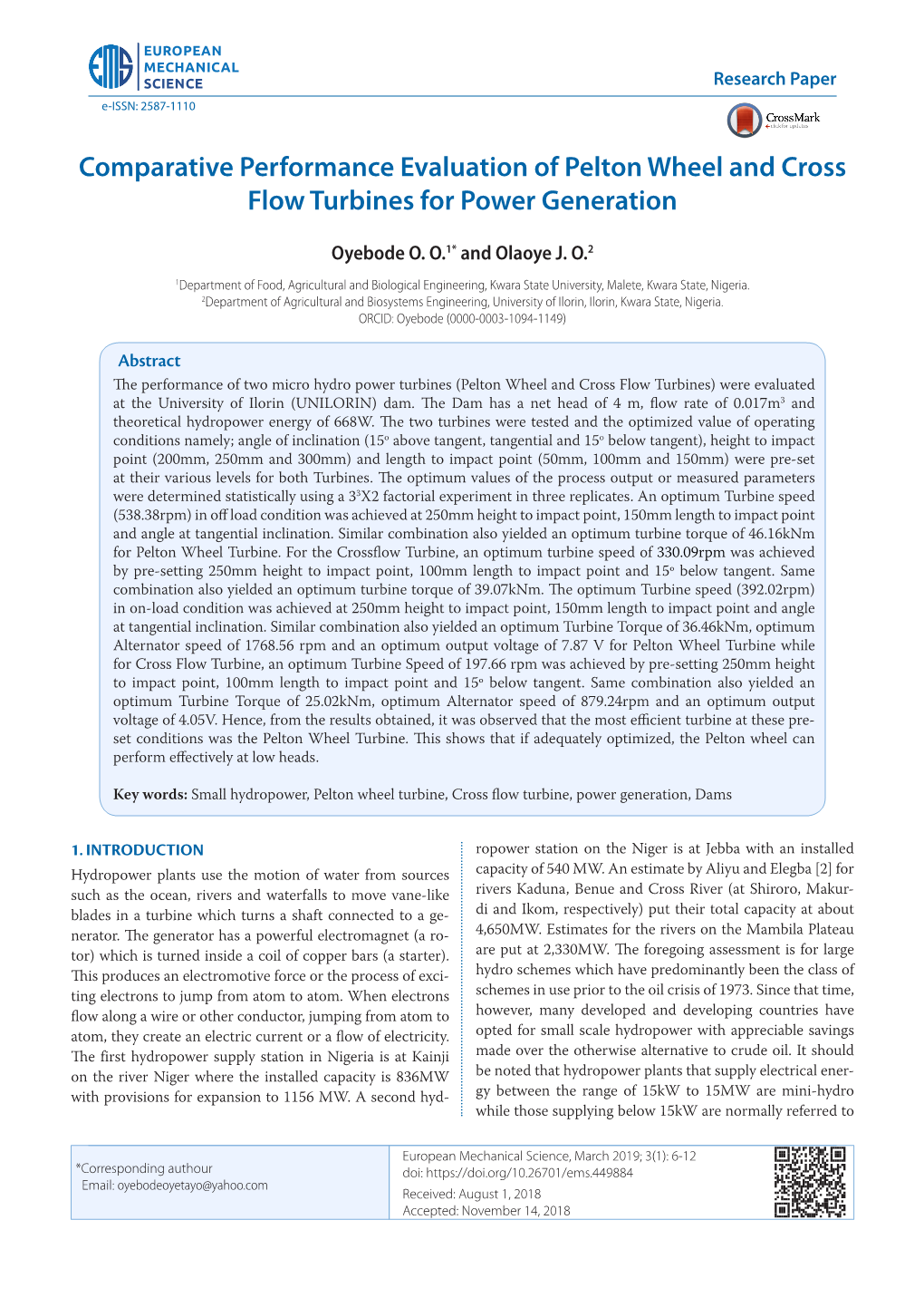 Comparative Performance Evaluation of Pelton Wheel and Cross Flow Turbines for Power Generation