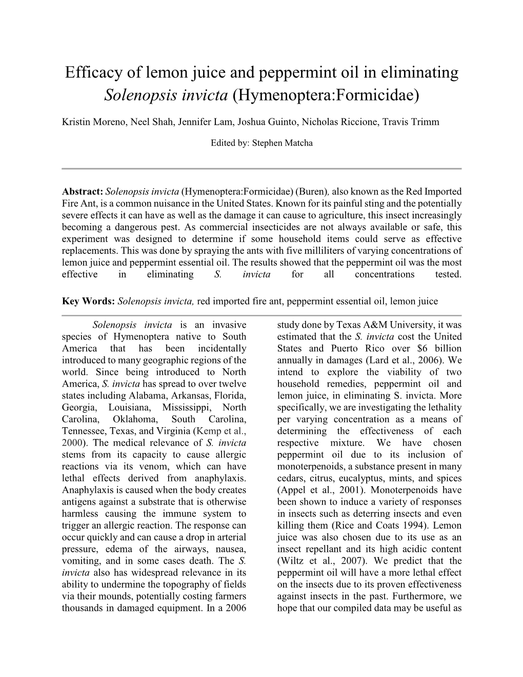 Efficacy of Lemon Juice and Peppermint Oil in Eliminating Solenopsis Invicta (Hymenoptera:Formicidae)