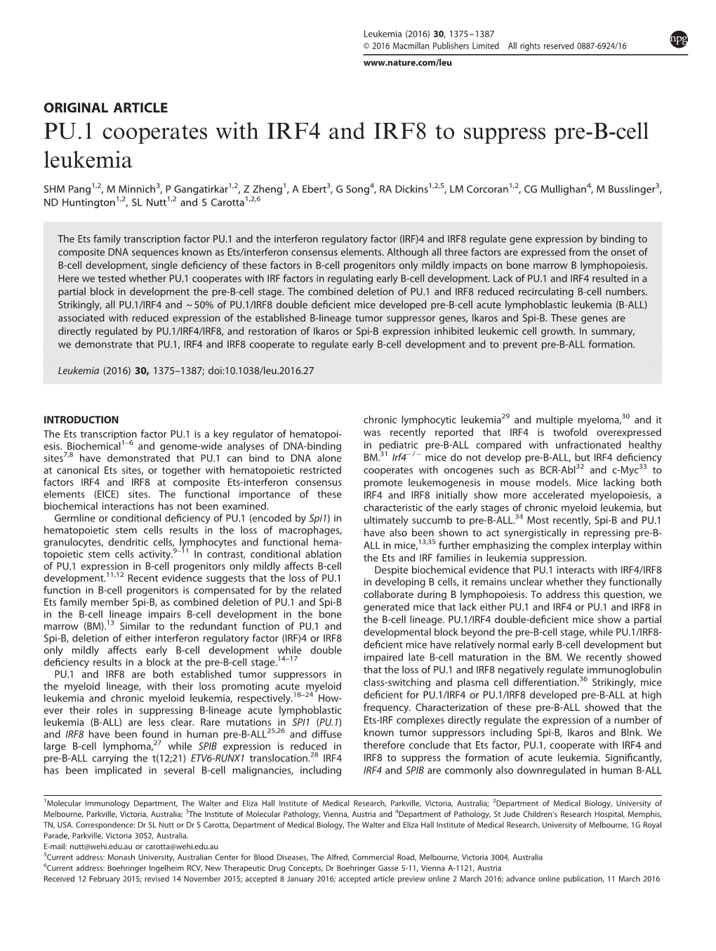 PU.1 Cooperates with IRF4 and IRF8 to Suppress Pre-B-Cell Leukemia