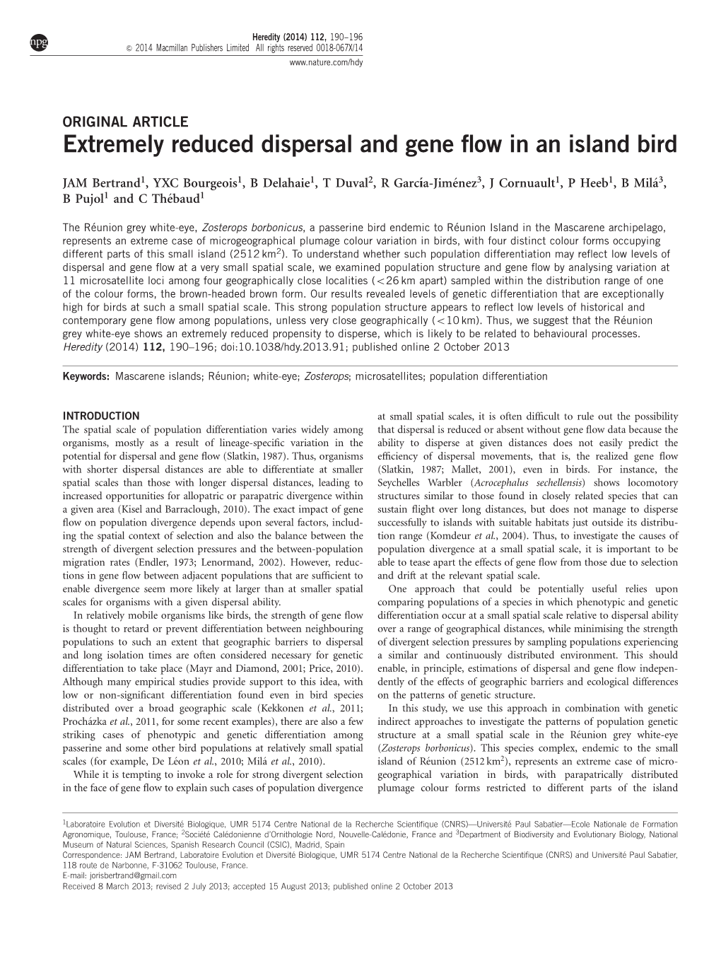 Extremely Reduced Dispersal and Gene Flow in an Island Bird