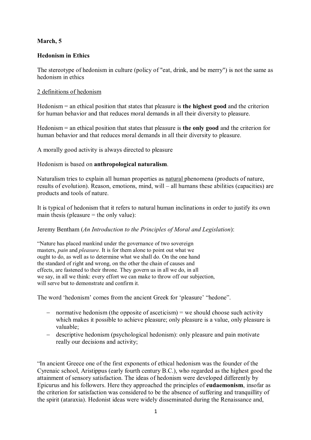 March, 5 Hedonism in Ethics the Stereotype of Hedonism in Culture