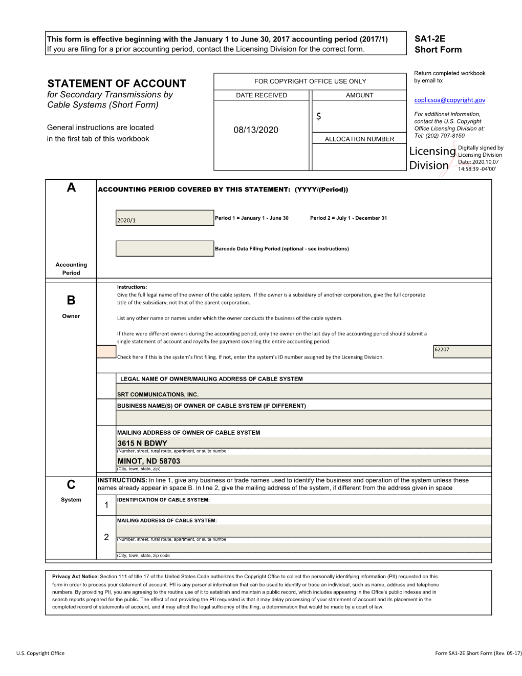 Licensing Division for the Correct Form