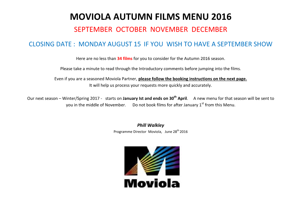 Moviola Autumn Films Menu 2016 September October November December