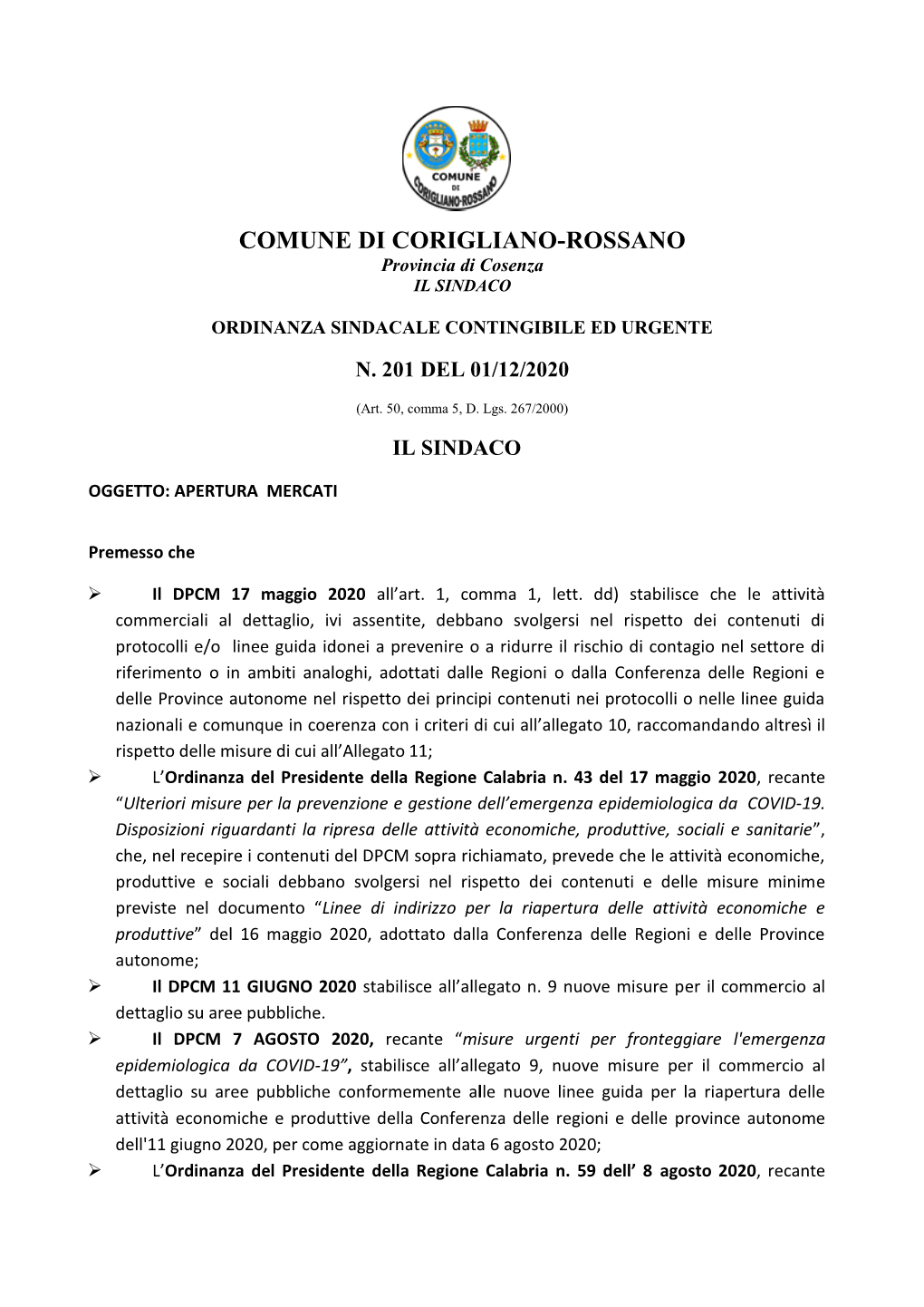 Ordinanza N. 201 Del 1.12.2020 Apertura Mercati