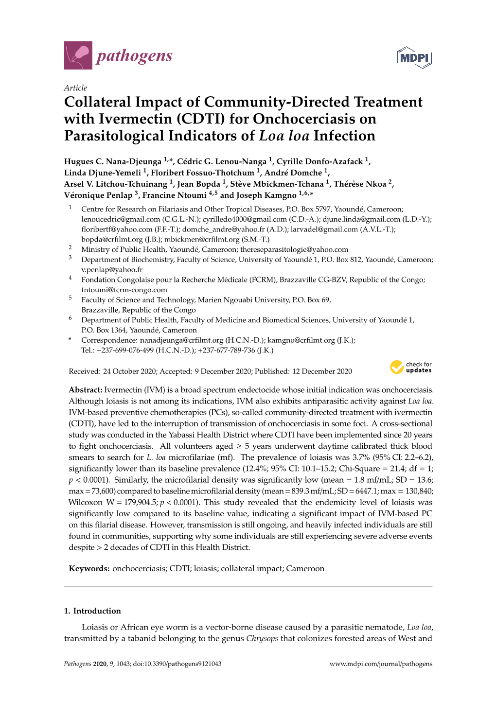 For Onchocerciasis on Parasitological Indicators of Loa Loa Infection