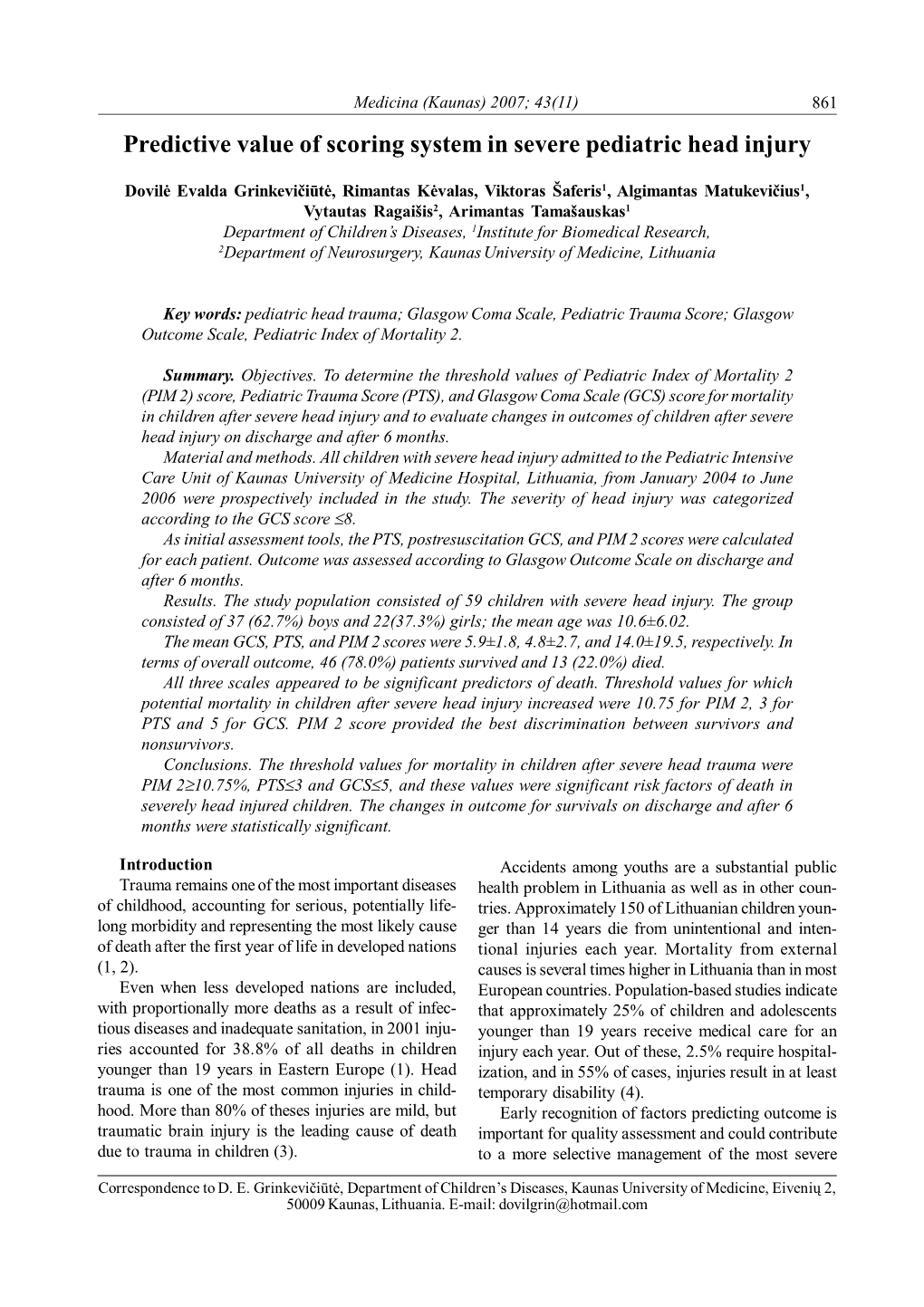 Predictive Value of Scoring System in Severe Pediatric Head Injury