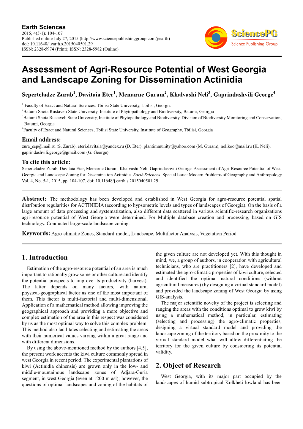 Assessment of Agri-Resource Potential of West Georgia and Landscape Zoning for Dissemination Actinidia