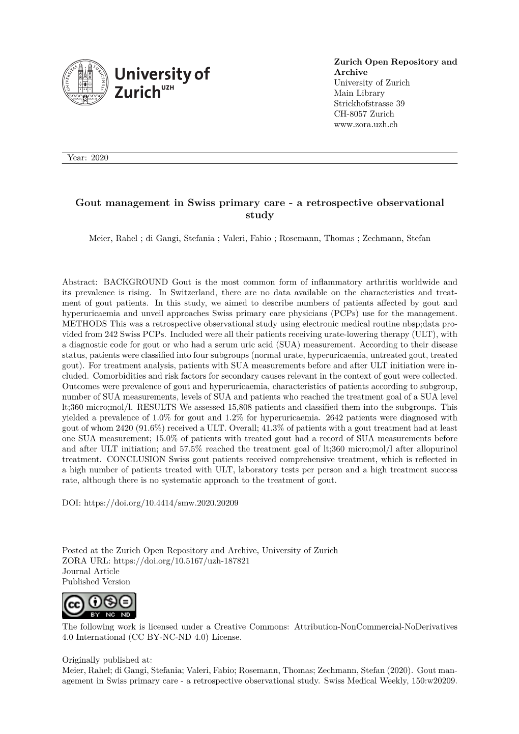 Gout Management in Swiss Primary Care – a Retrospective Observational Study