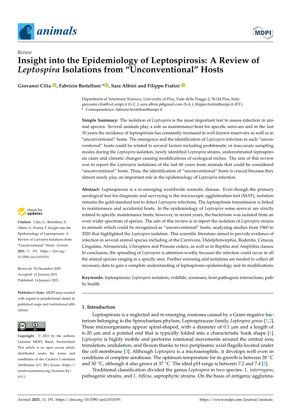 A Review of Leptospira Isolations from “Unconventional” Hosts