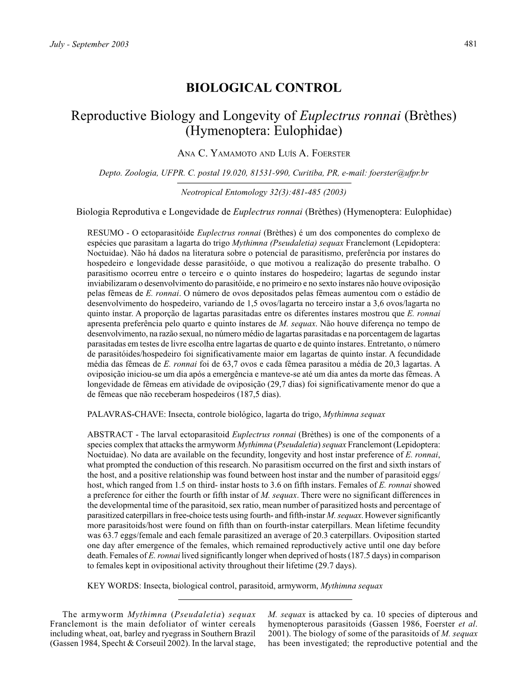 Reproductive Biology and Longevity of Euplectrus Ronnai (Brèthes) (Hymenoptera: Eulophidae)