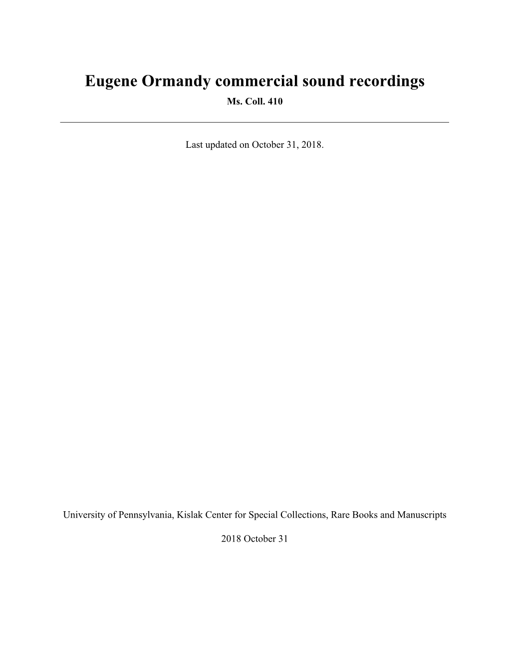 Eugene Ormandy Commercial Sound Recordings Ms