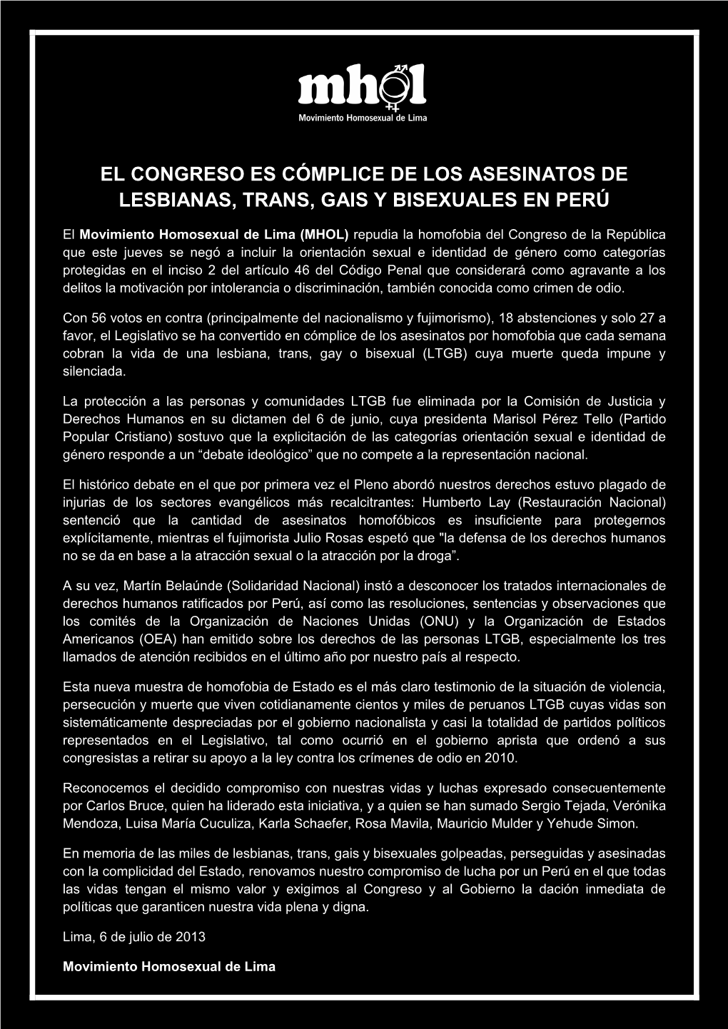 El Congreso Es Cómplice De Los Asesinatos De Lesbianas, Trans, Gais Y Bisexuales En Perú