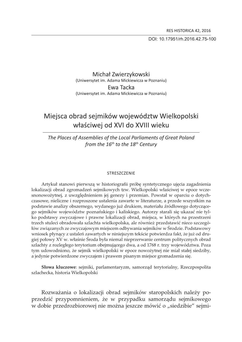 Miejsca Obrad Sejmików Województw Wielkopolski Właściwej Od XVI Do XVIII Wieku