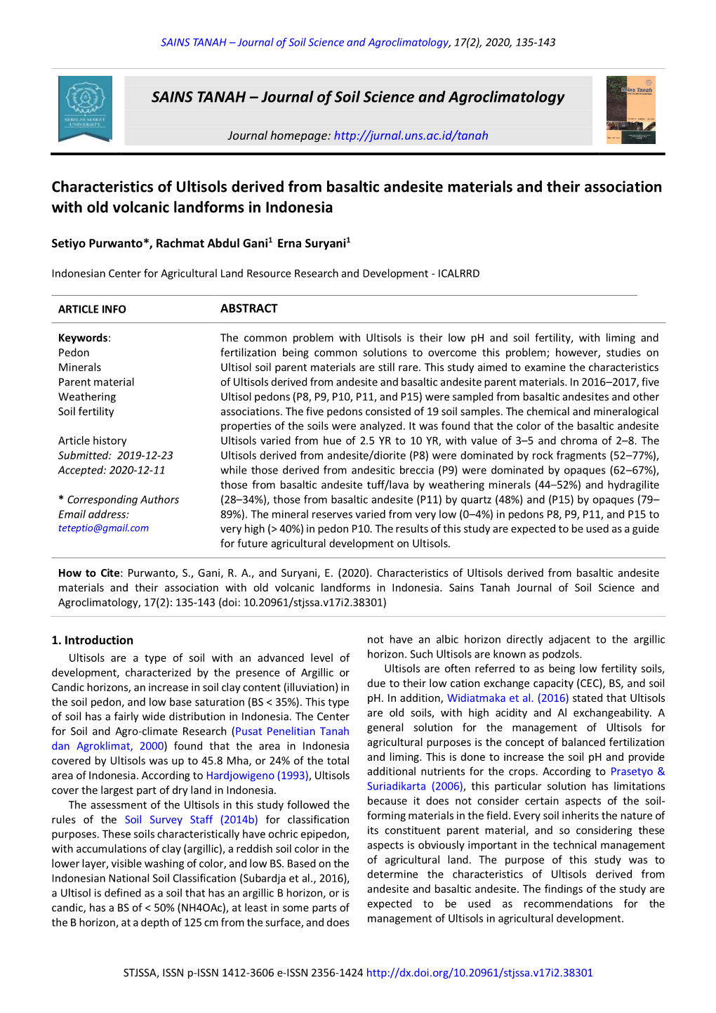 SAINS TANAH – Journal of Soil Science and Agroclimatology, 17(2), 2020, 135-143