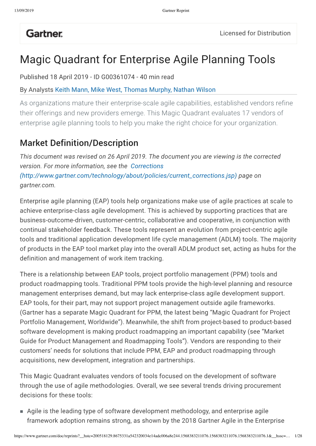 Gartner Magic Quadrant for Enterprise Agile Planning Tools, April 2019