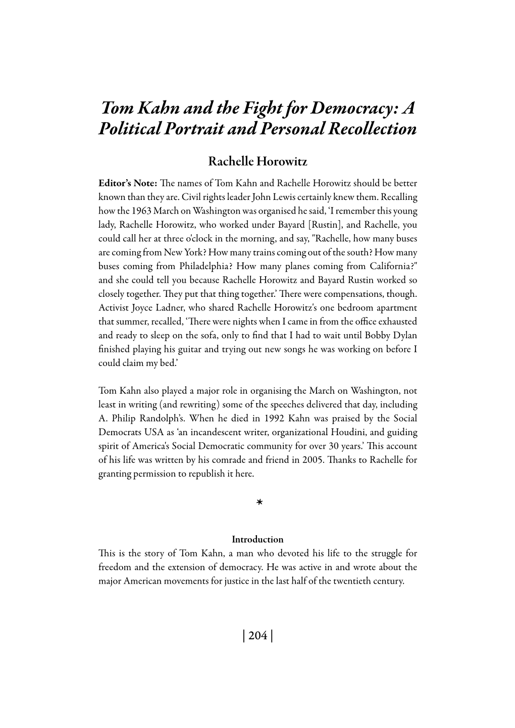 Tom Kahn and the Fight for Democracy: a Political Portrait and Personal Recollection