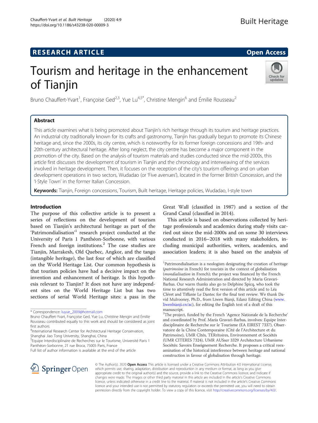 Tourism and Heritage in the Enhancement of Tianjin Bruno Chauffert-Yvart1, Françoise Ged2,3, Yue Lu4,5*, Christine Mengin6 and Émilie Rousseau2