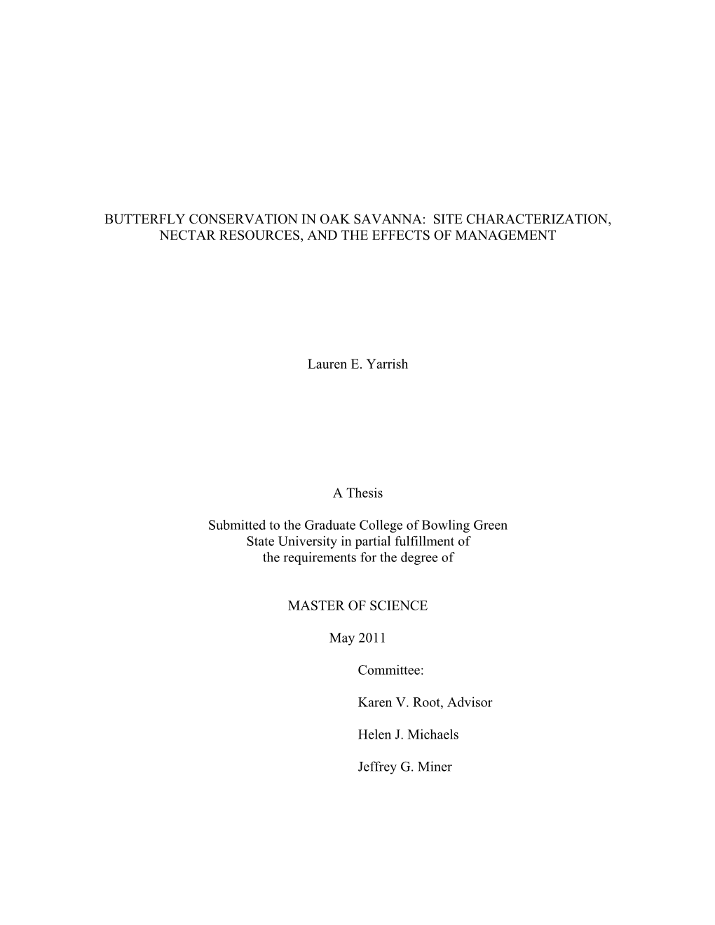 Butterfly Conservation in Oak Savanna: Site Characterization, Nectar Resources, and the Effects of Management