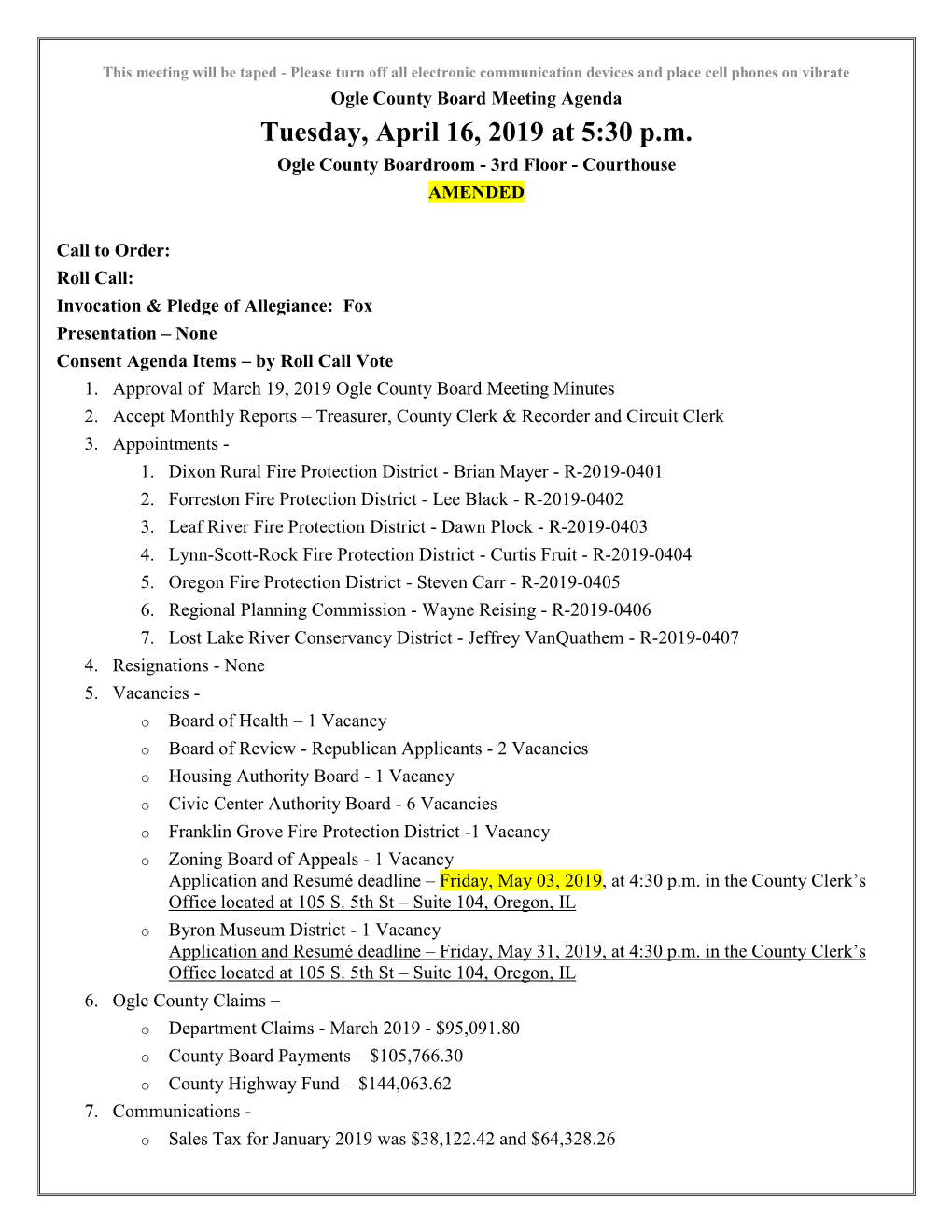 Tuesday, April 16, 2019 at 5:30 P.M. Ogle County Boardroom - 3Rd Floor - Courthouse AMENDED
