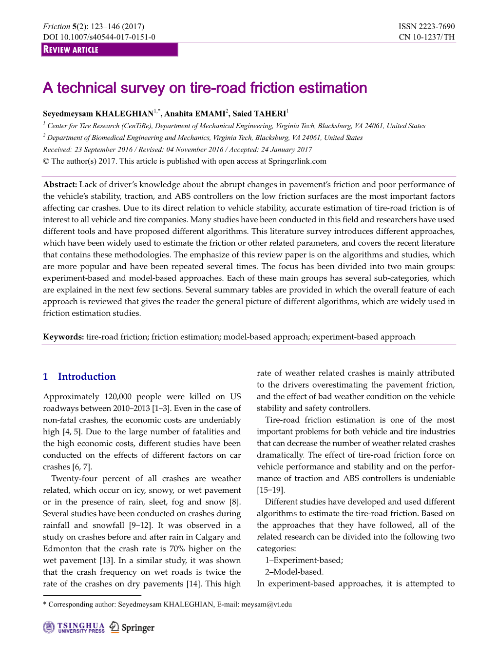 A Technical Survey on Tire-Road Friction Estimation