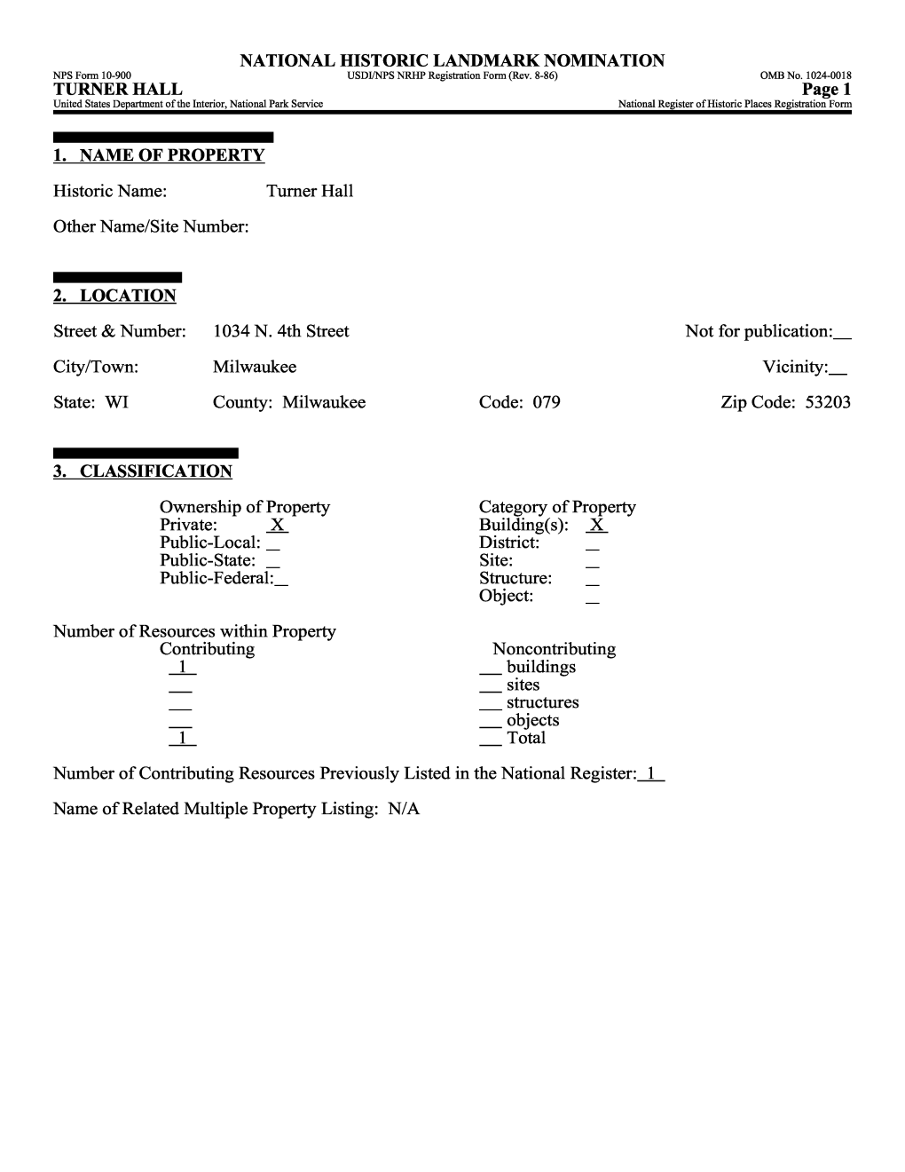 TURNER HALL Page 1 United States Department of the Interior, National Park Service National Register of Historic Places Registration Form