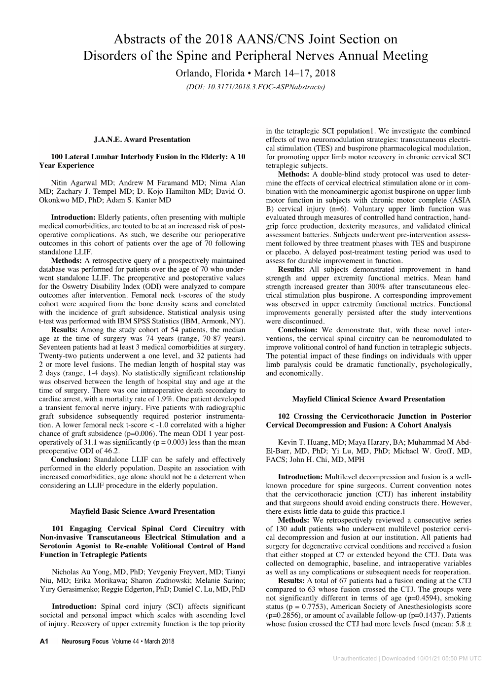 Abstracts of the 2018 AANS/CNS Joint Section on Disorders of the Spine