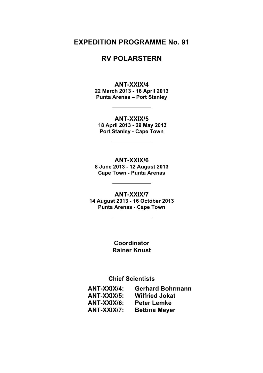 EXPEDITION PROGRAMME No. 91 RV POLARSTERN