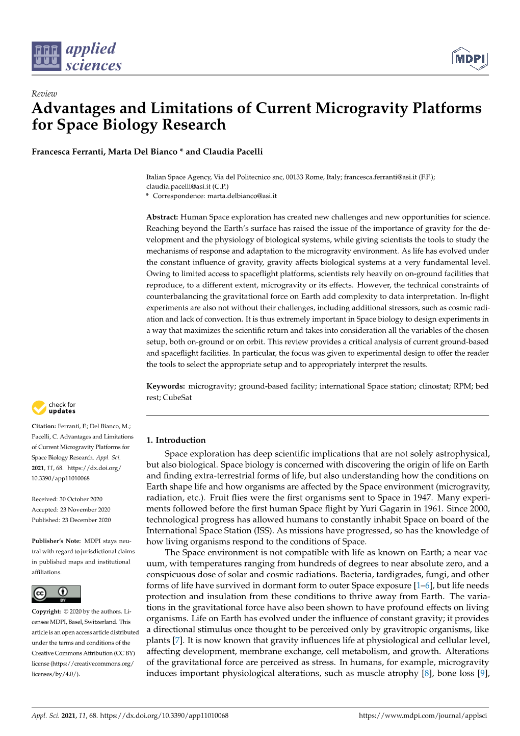 Advantages and Limitations of Current Microgravity Platforms for Space Biology Research