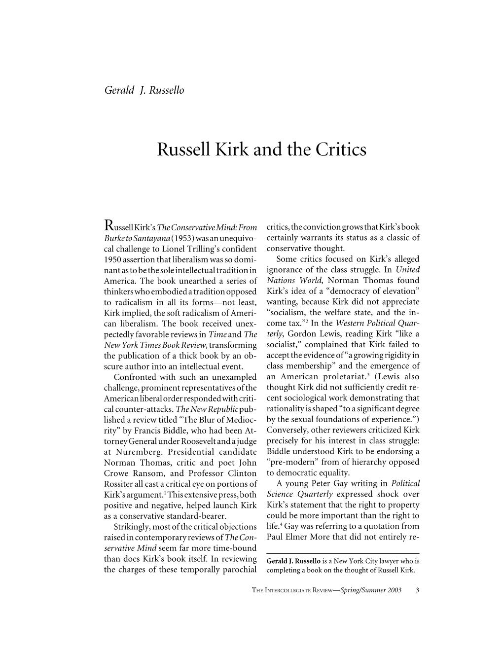 Russell Kirk and the Critics by Gerald J