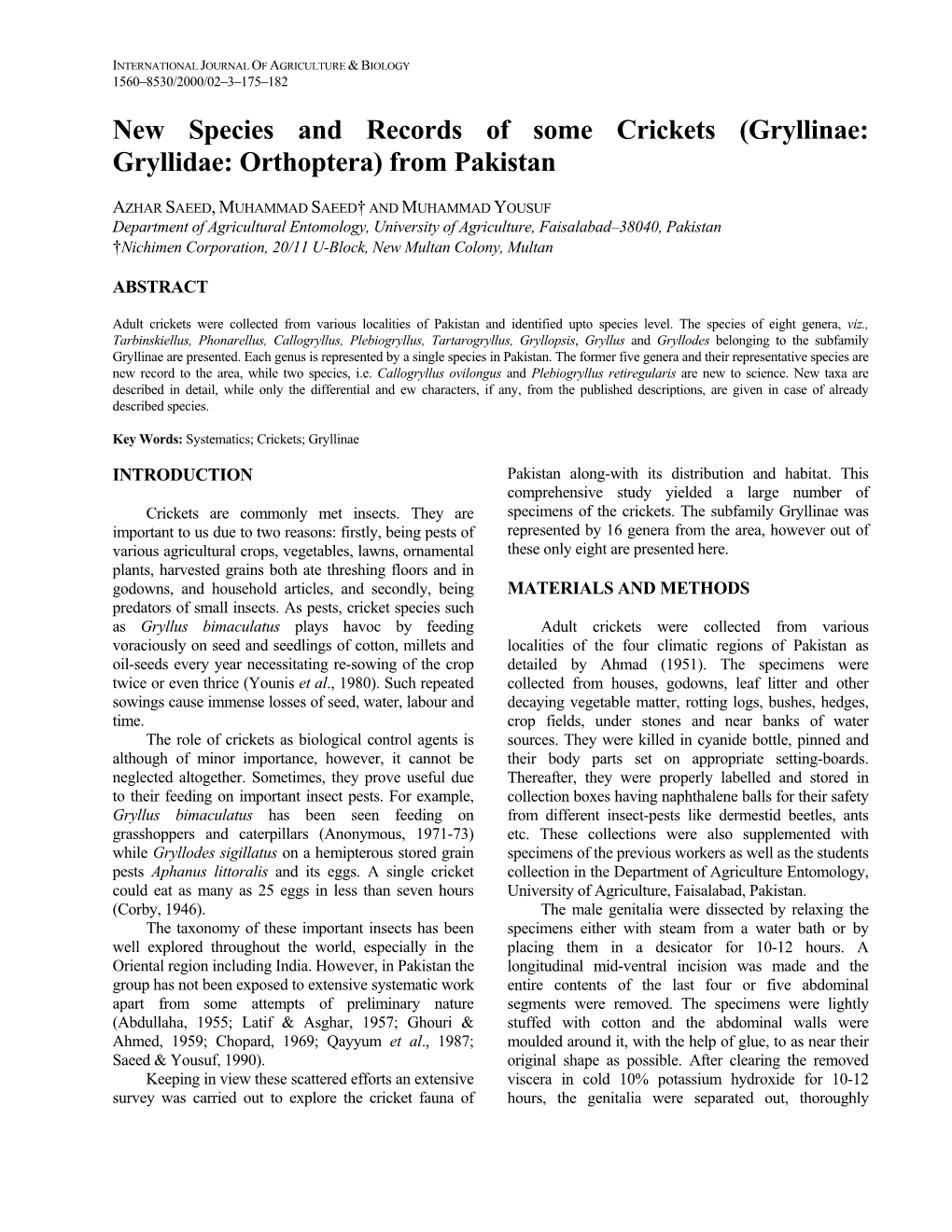 New Species and Records of Some Crickets (Gryllinae: Gryllidae: Orthoptera) from Pakistan