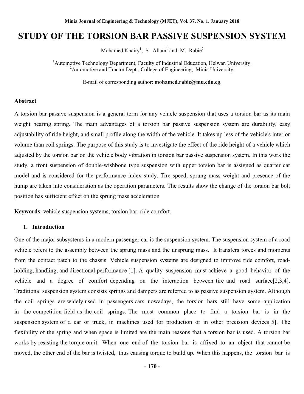 Study of the Torsion Bar Passive Suspension System