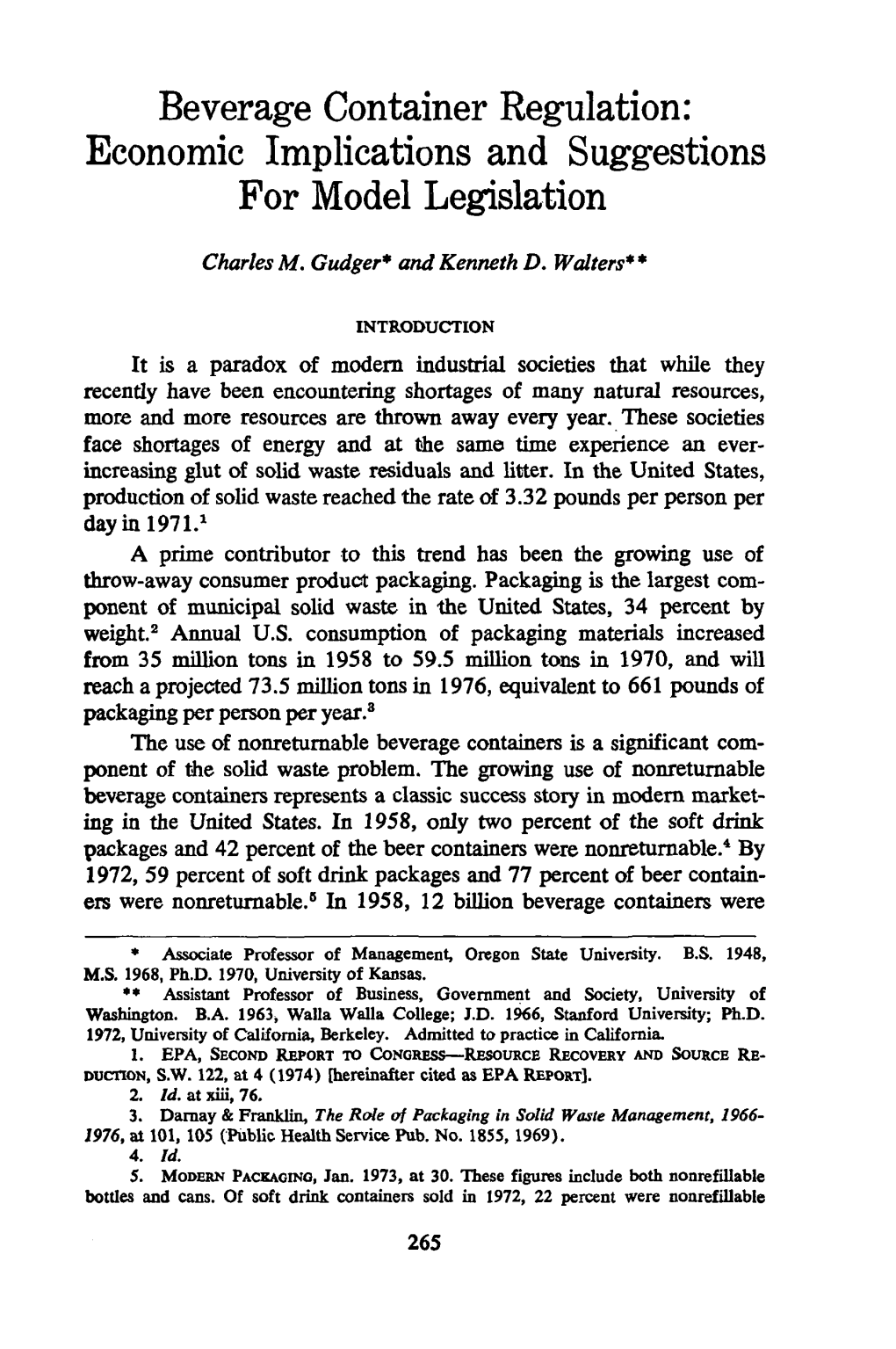 Beverage Container Regulation: Economic Implications and Suggestions for Model Legislation