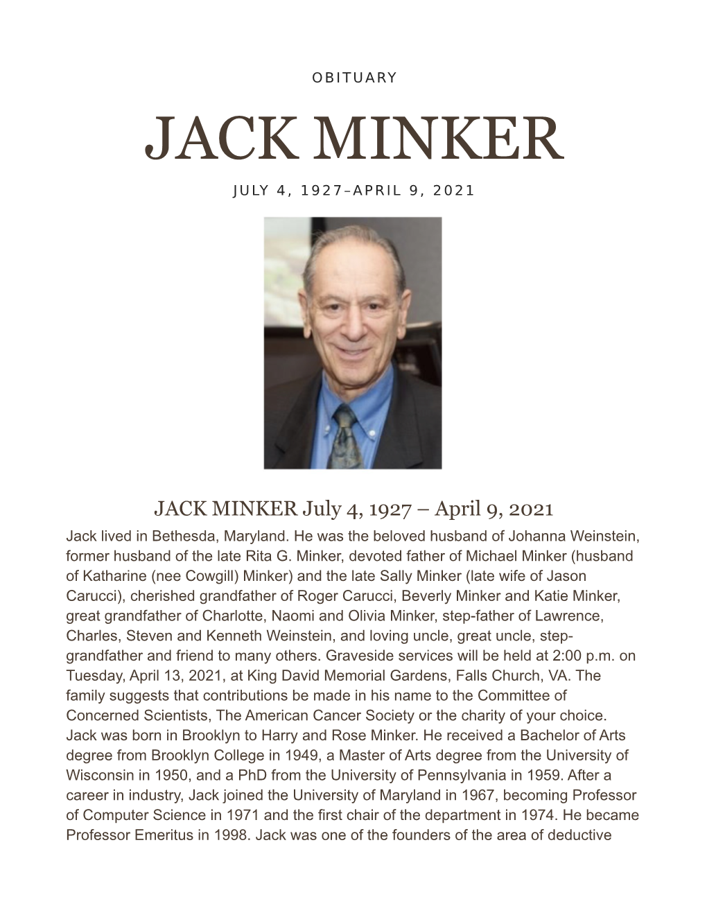 Jack Minker July 4, 1927–April 9, 2021