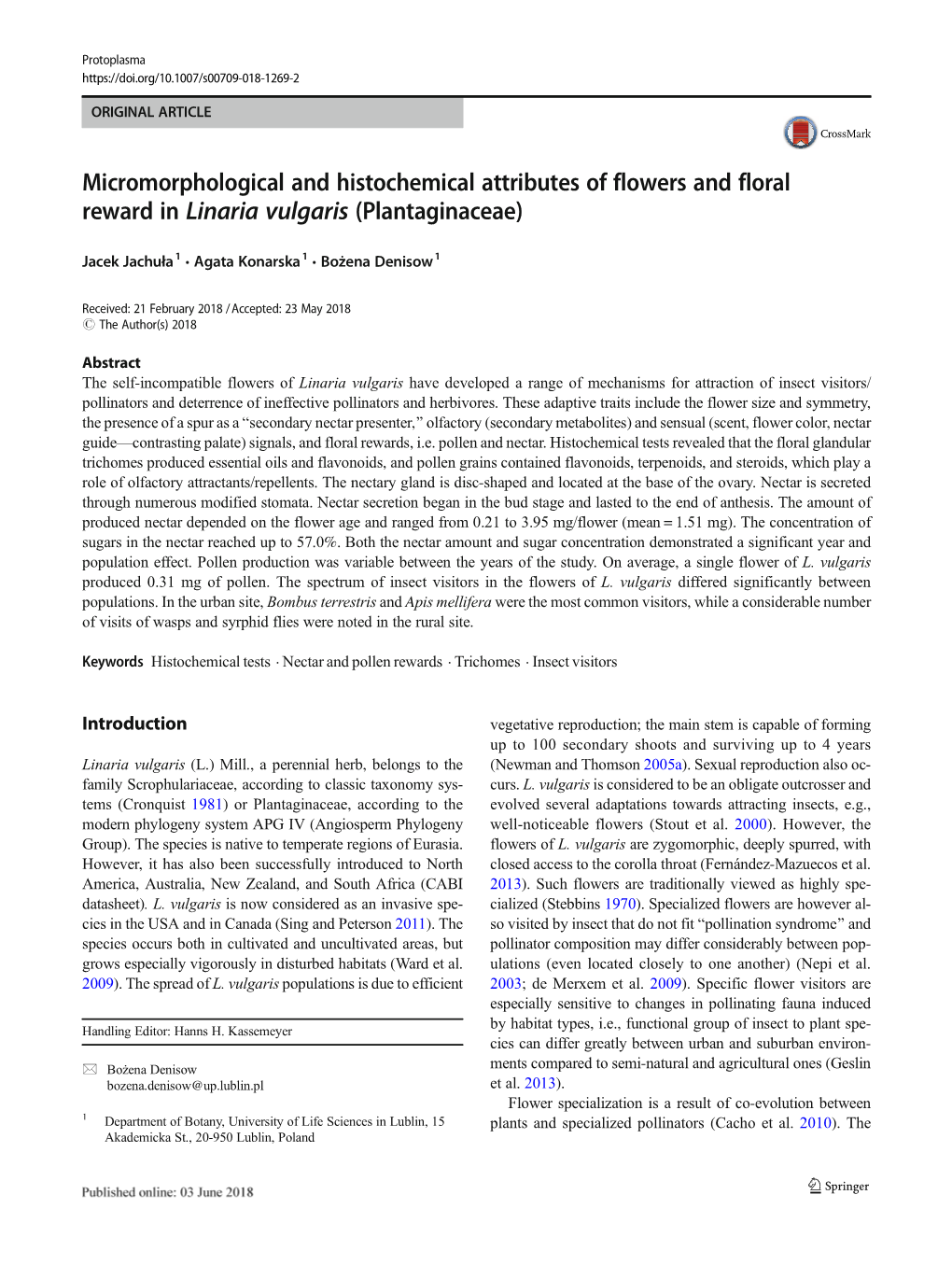 Micromorphological and Histochemical Attributes of Flowers and Floral Reward in Linaria Vulgaris (Plantaginaceae)